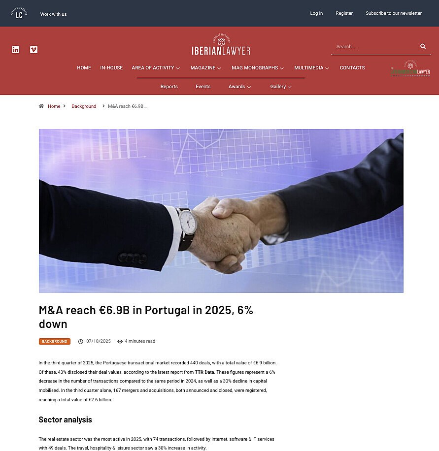 M&A reach 6.9B in Portugal in 2025, 6% down